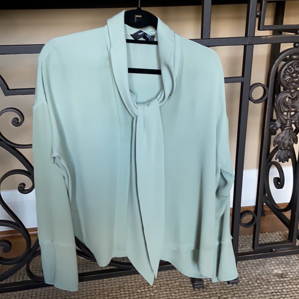 Theory Mint green blouse with tie v- neck